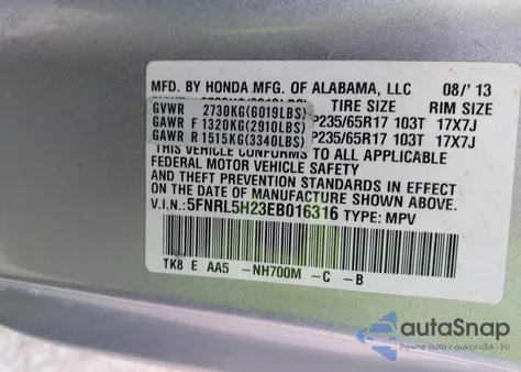 2014 Honda Odyssey Lx z USA, uszkodzony, nr VIN 5FNRL5H23EB016316